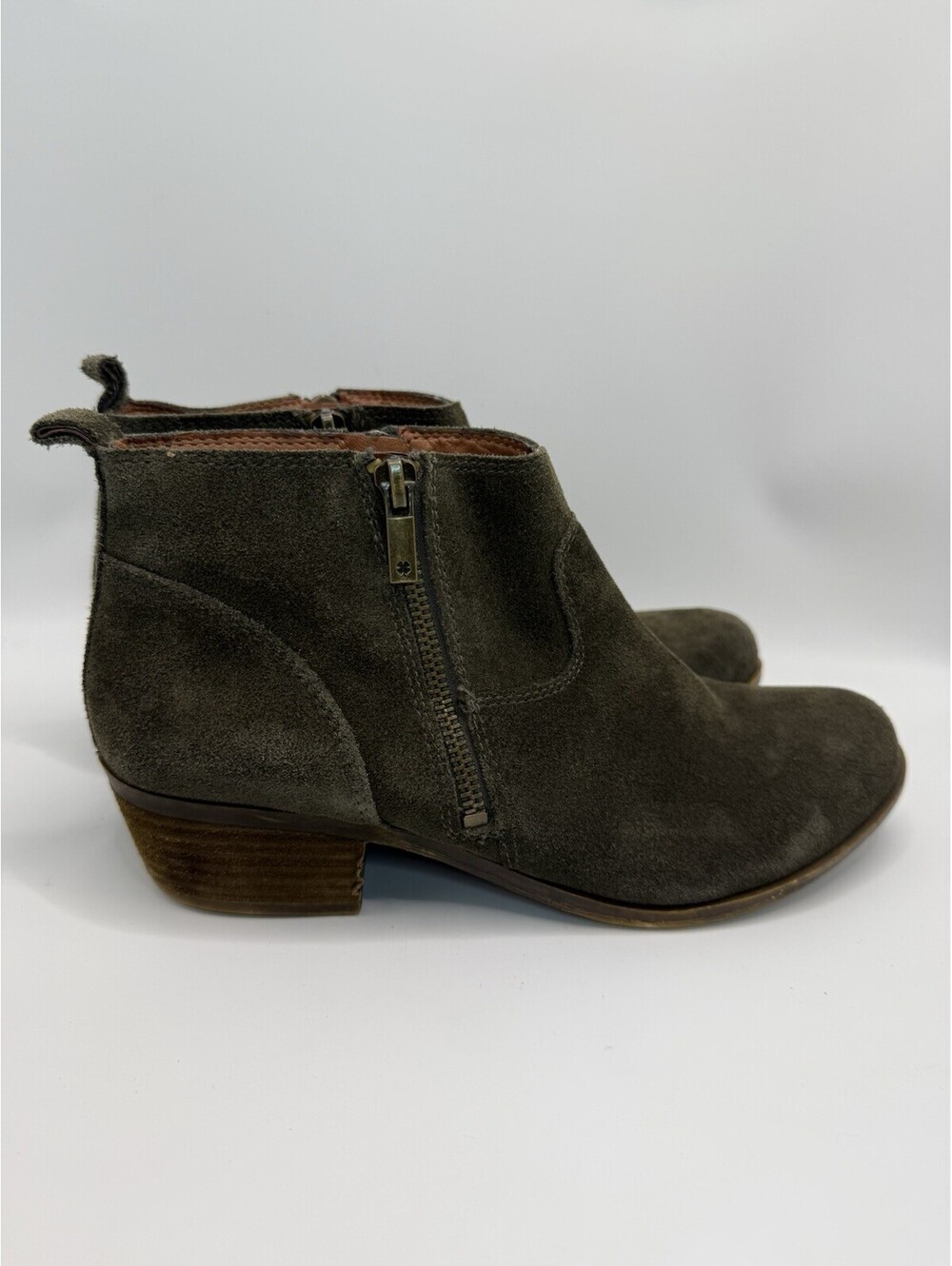Lucky Brand Basel Ankle Boots Olive Green Suede Leather Side Zip Size 9.5 Women